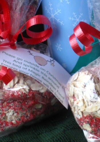 Close-up view of two bags of Reindeer Food with ribbon and a label