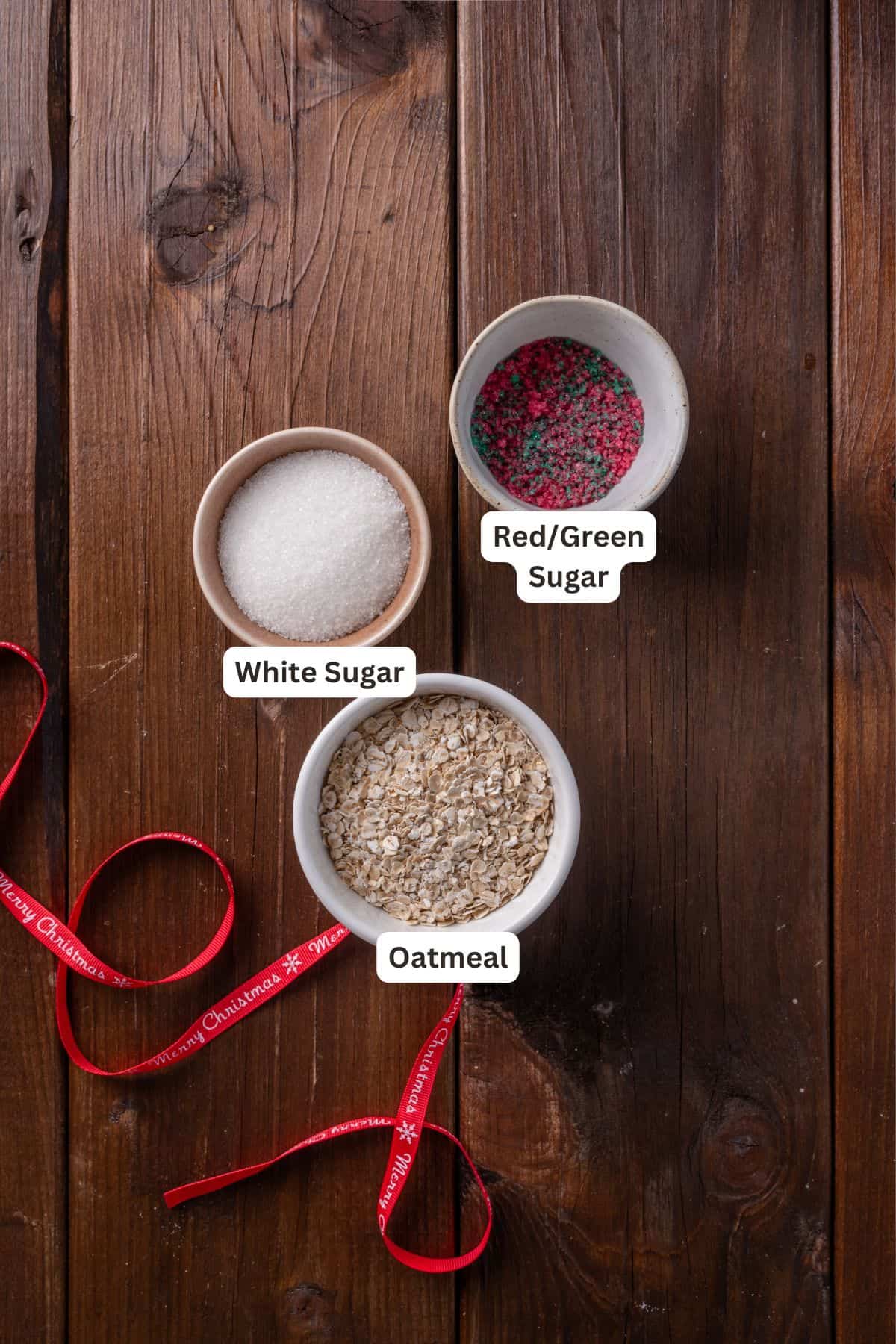 Overhead view of reindeer food ingredients with text labels overlaying each ingredient.