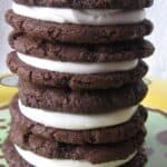 Close-up view of a stack of homemade oreo cookies