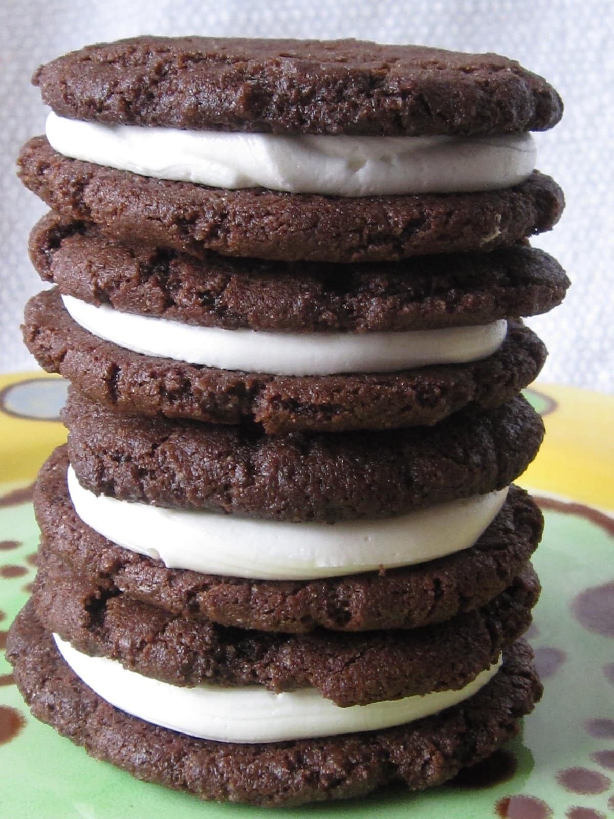 Close-up view of a stack of homemade oreo cookies