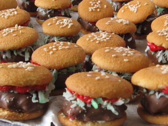 A ton of mini Nilla Wafer burgers with Reese's Cluster "meat"