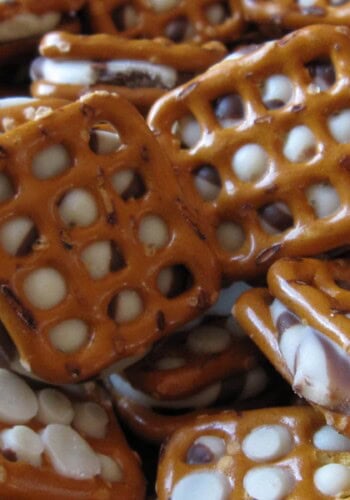 Close-up view of Waffle Pretzel sandwiches with a melted Hershey's hug inside