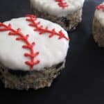 Overhead view of baseball-decorated Rice Krispie treats