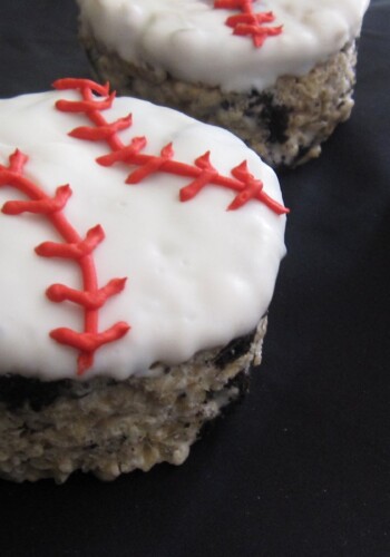 Overhead view of baseball-decorated Rice Krispie treats