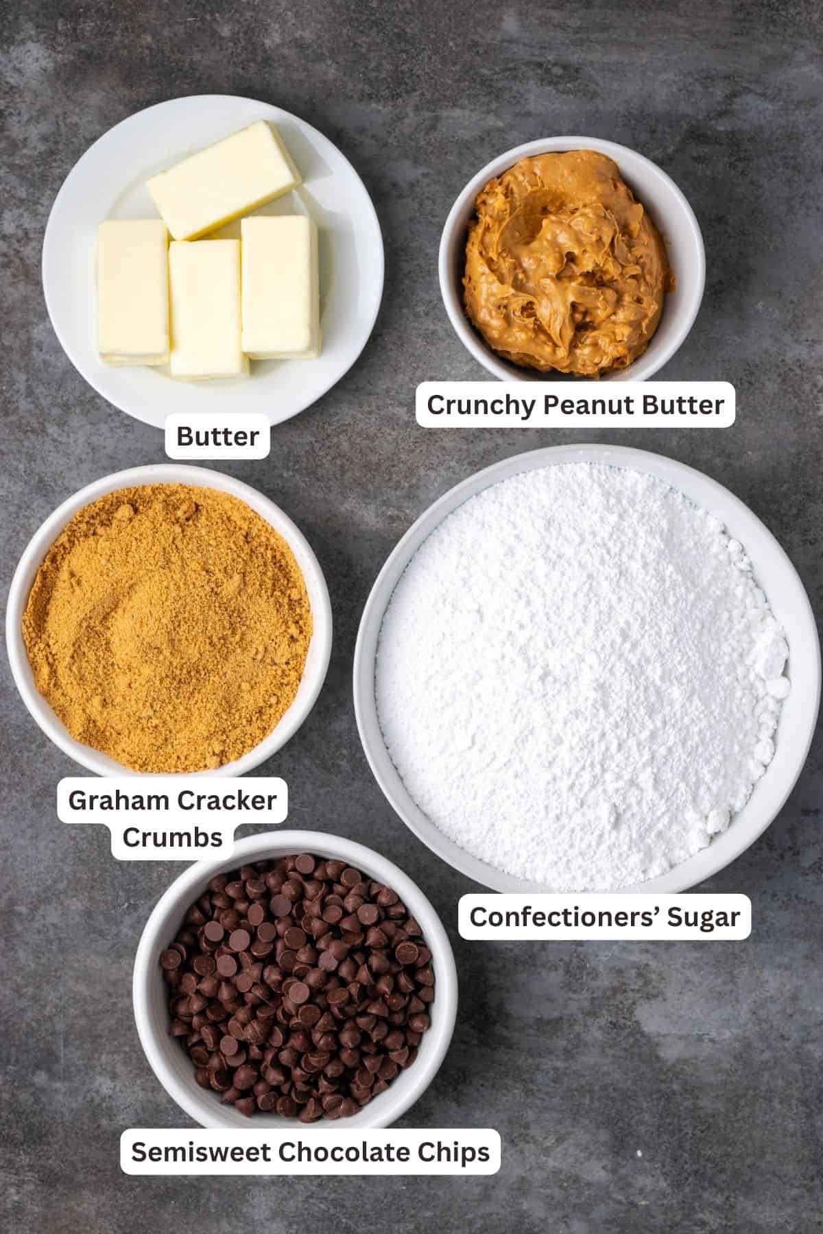 Ingredients for chocolate peanut butter bars with text labels overlaying each ingredient.