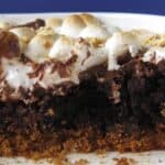 Close-up of a s'mores brownie topped with toasted marshmallow and graham cracker crumbs