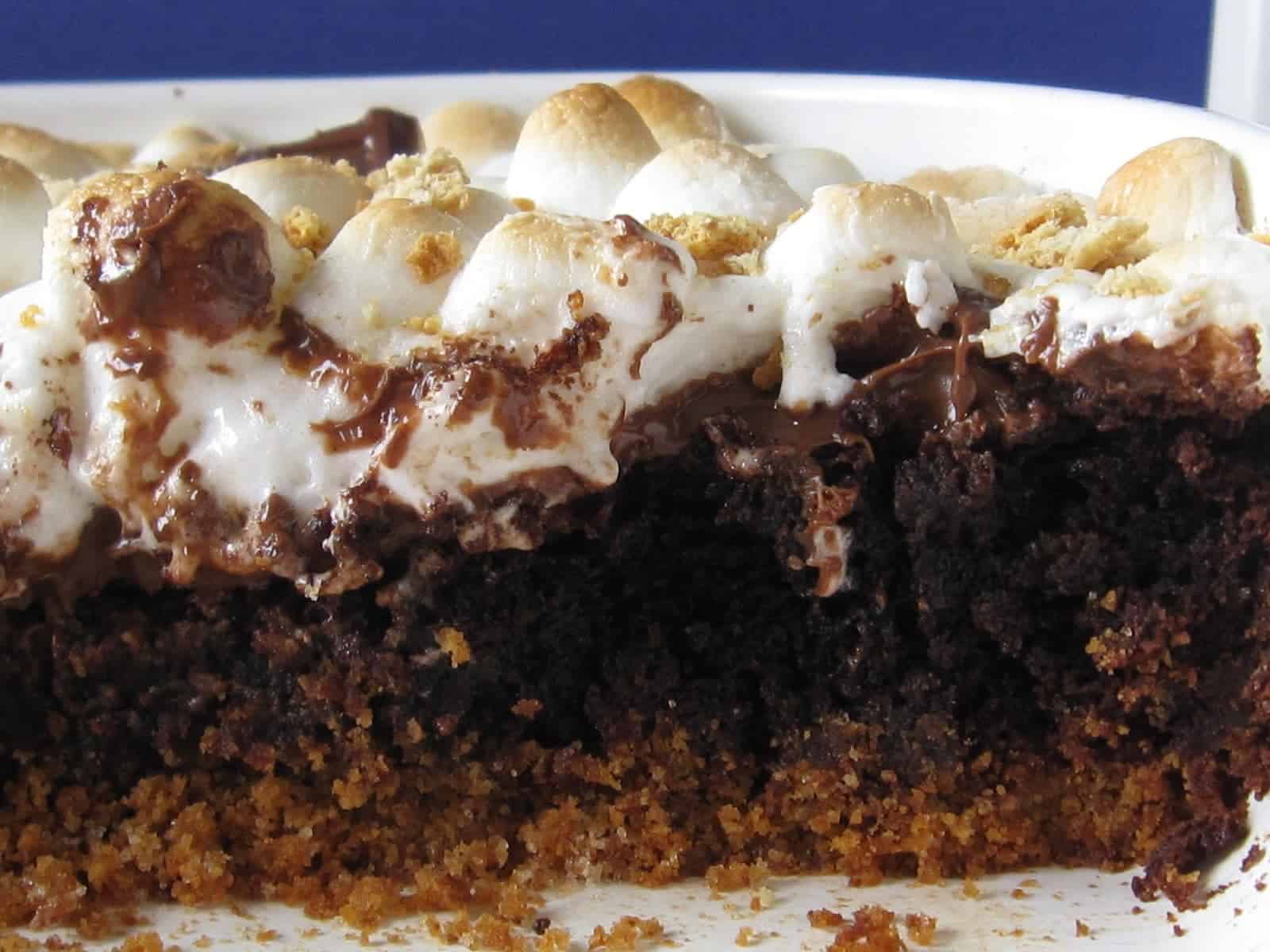 Close-up of a s'mores brownie topped with toasted marshmallow and graham cracker crumbs