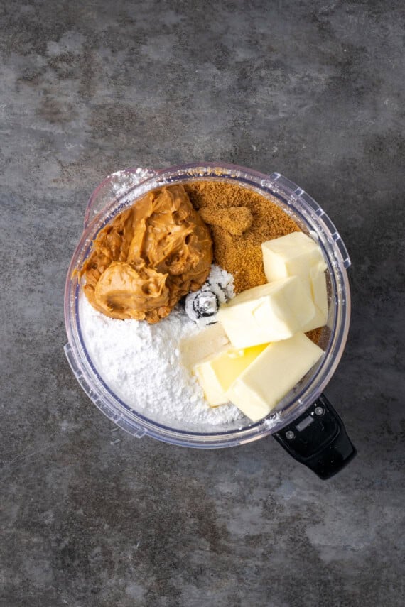 Peanut butter bar ingredients combined in a blender.