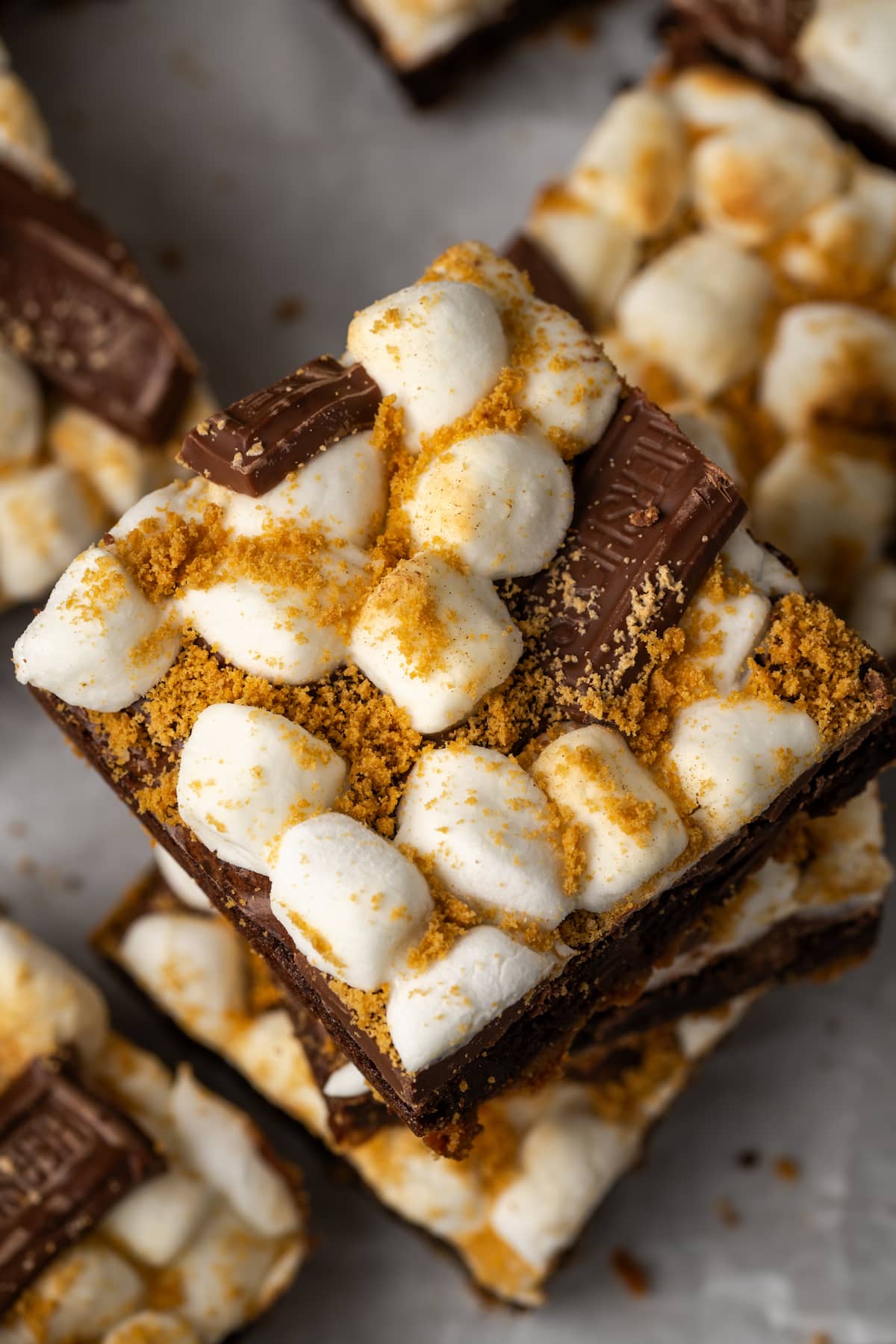 Close up overhead view of a stack of smores brownies.