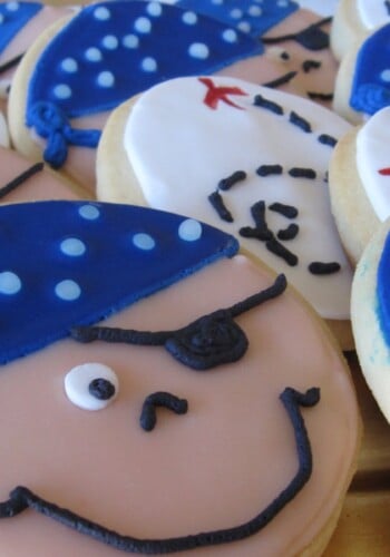 Overhead view of pirate decorated cookies.