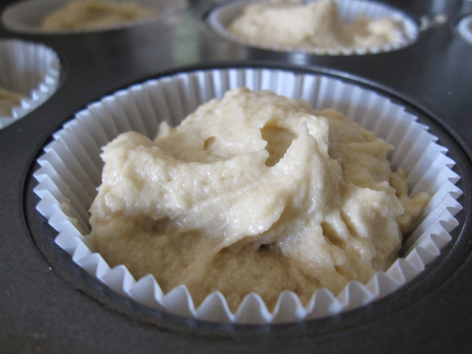 Close-up of cupcake batter in a muffin cup