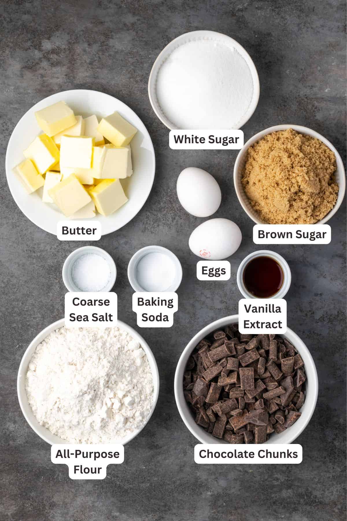Chocolate chip cookie bars ingredients with text labels overlaying each ingredient.