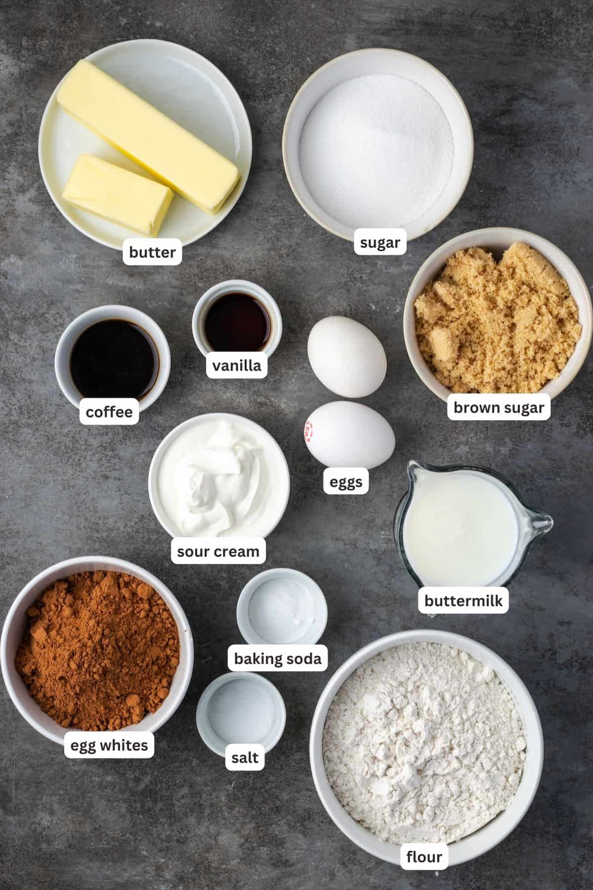 Cookies and cream cake ingredients with text labels overlaying each ingredient.