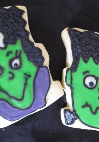 Overhead view of two decorated cookies of Franky and the Bride of Franky