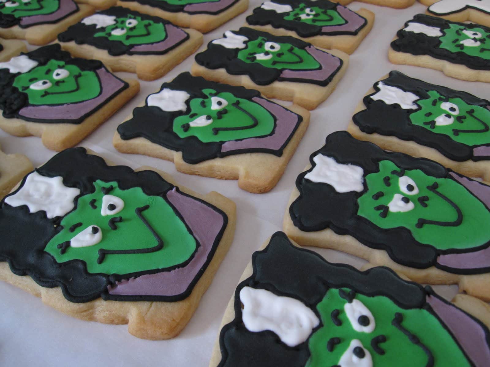 Close-up of decorated Frankenstein cookies