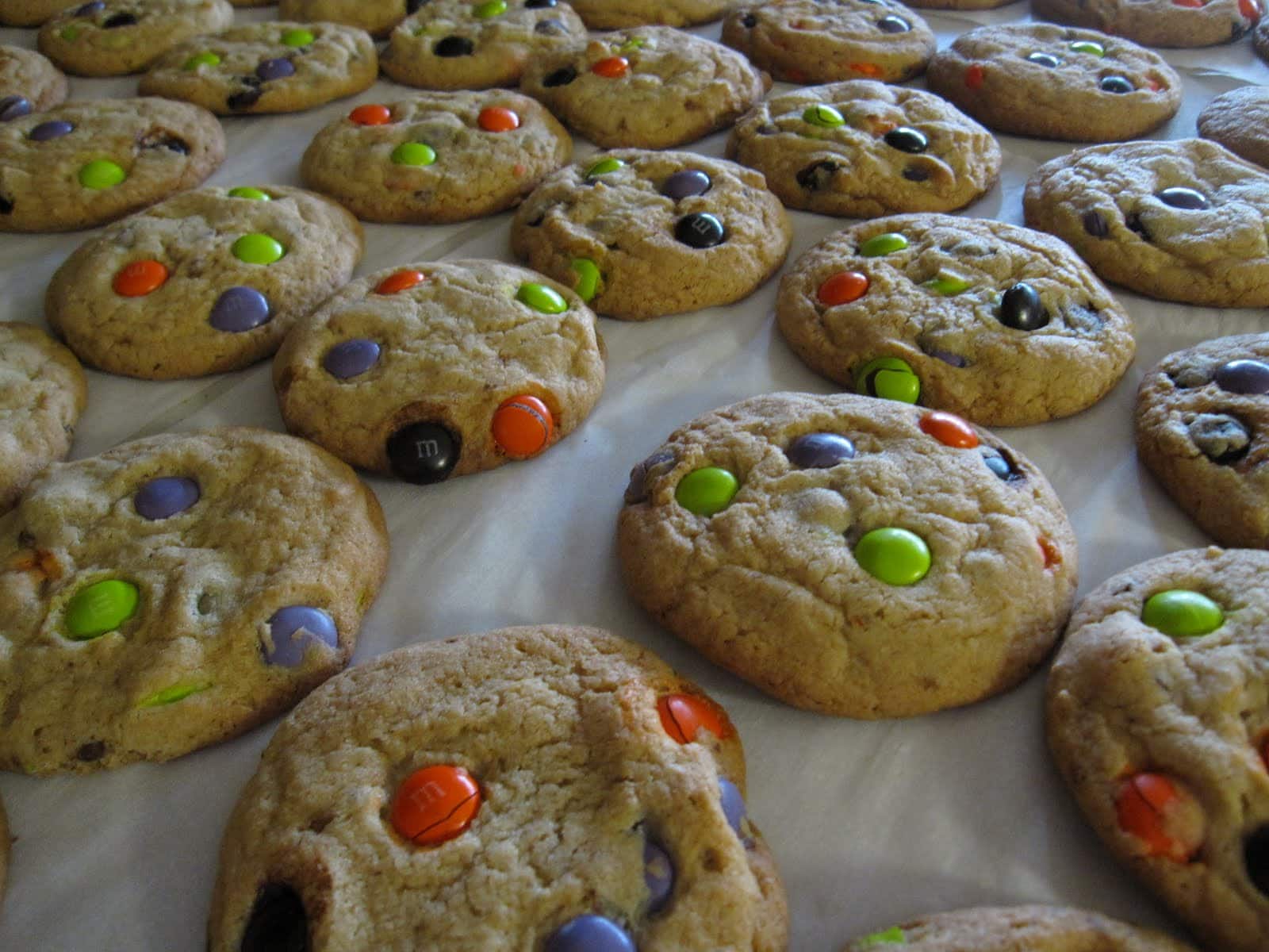M&M Cookies on parchment paper