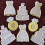 Overhead view of Wedding-themed decorated cookies