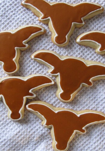 Overhead view of Texas Longhorn decorated cookies
