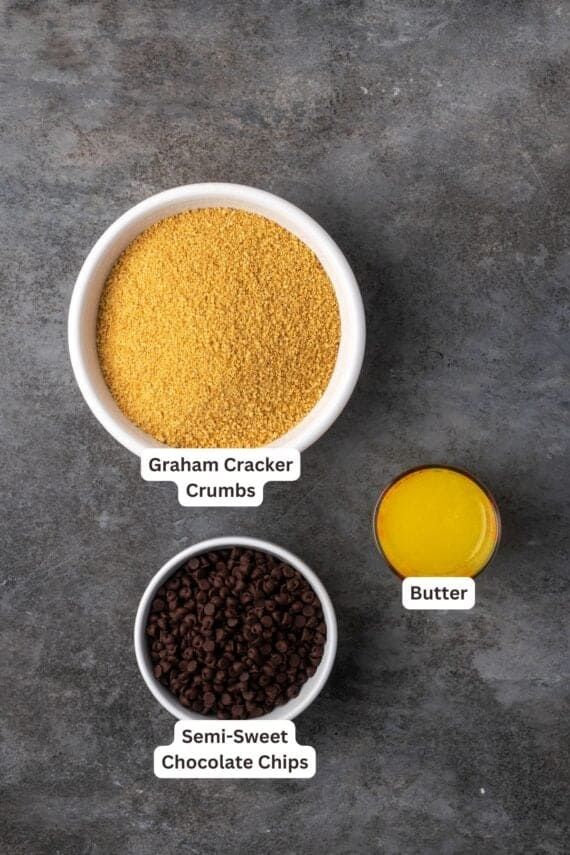 Chocolate chip graham cracker crust ingredients with text labels overlaying each ingredient.