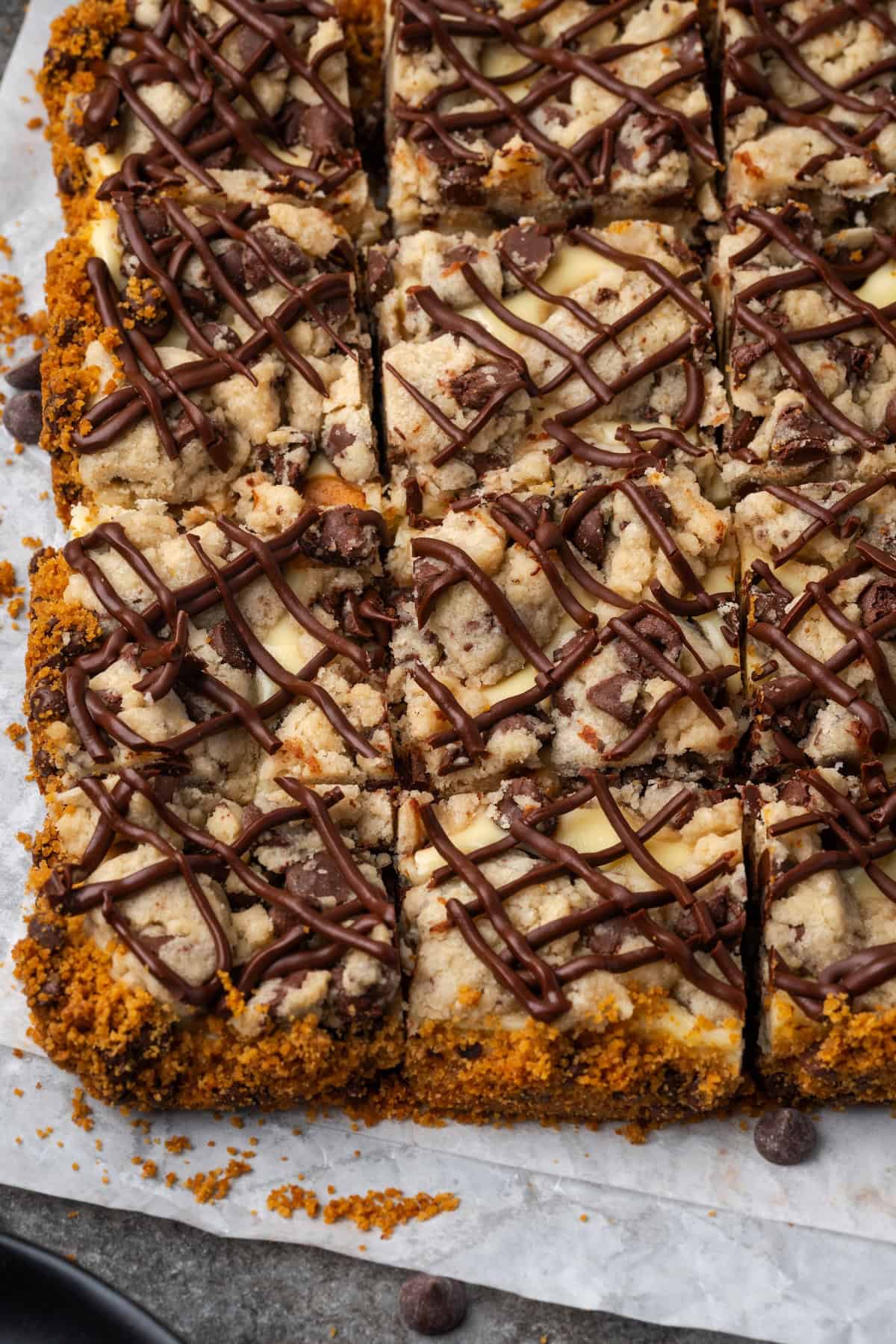 Close up of chocolate chip cheesecake bars covered with drizzles of melted chocolate on a sheet of parchment paper.