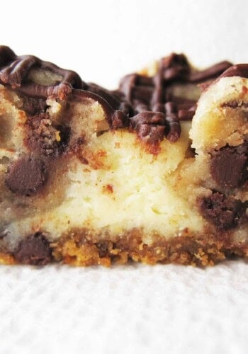 Side view of a Chocolate Chip Cookie Dough Cheesecake bar