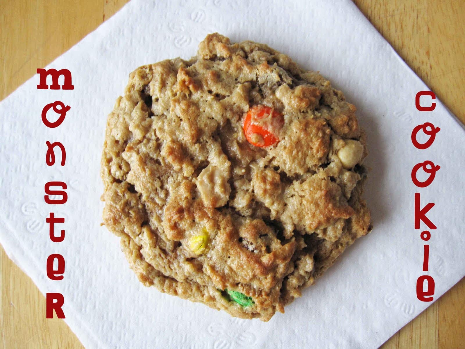 Top view of a monster cookie on a napkin