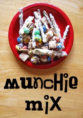Overhead view of Munchie Mix on a red plate