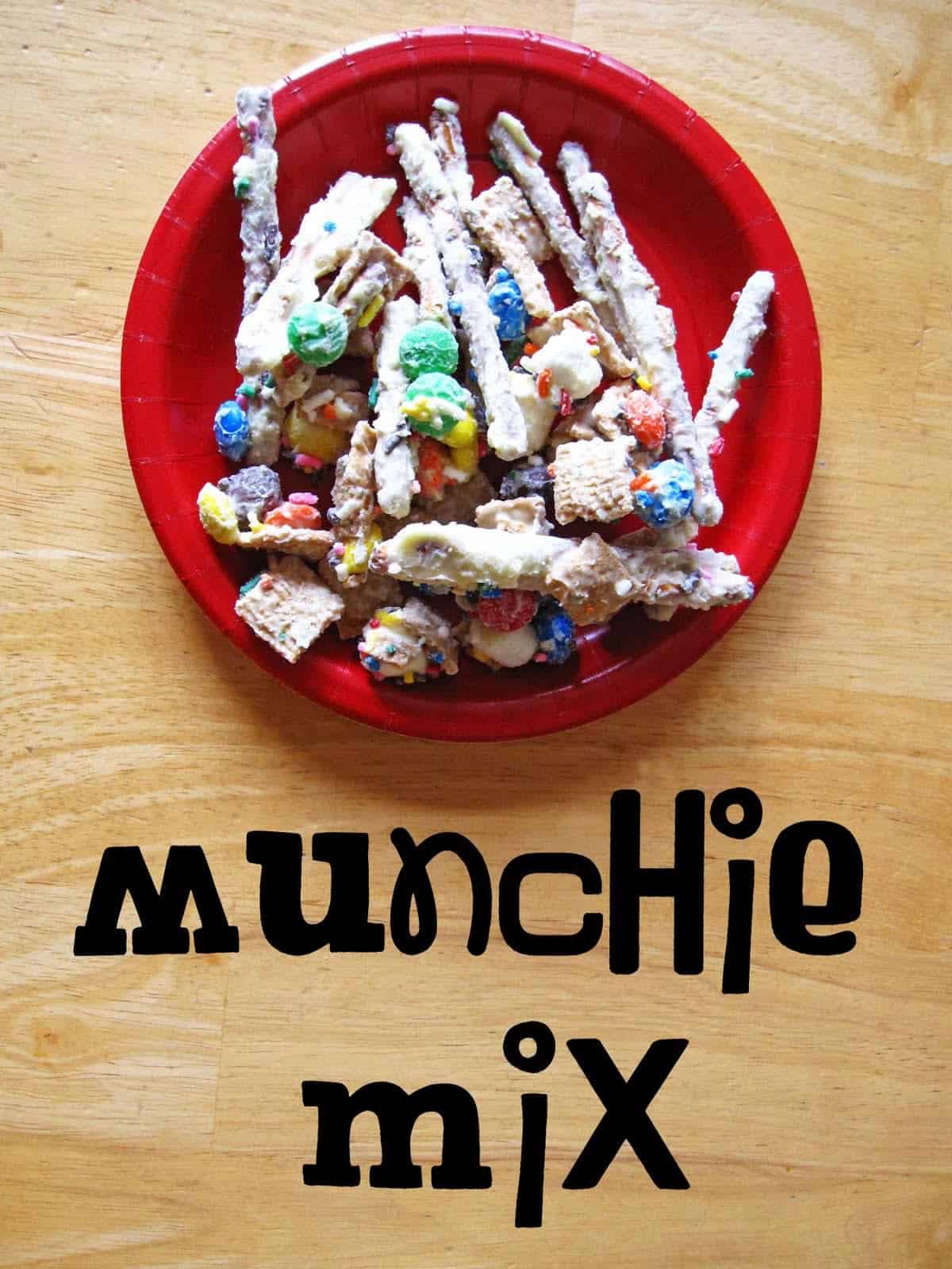 Overhead view of Munchie Mix on a red plate