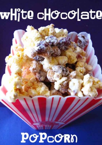 Overhead view of White Chocolate Popcorn in a popcorn container
