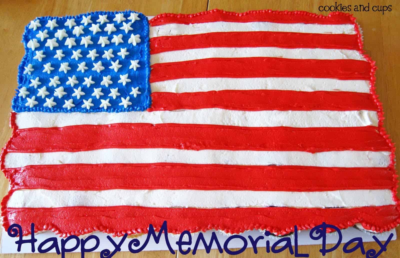 Overhead view of an American Flag-decorated sheet cake
