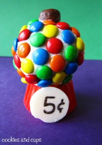 Close-up of a gumball cupcake with M&Ms.