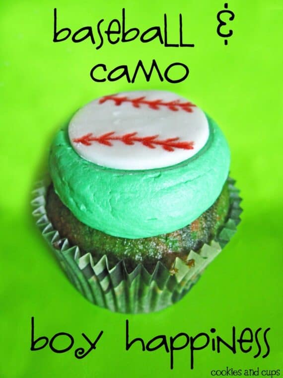 A Green Camo Cupcake with green frosting and a fondant baseball with "baseball & camo boy happiness" caption