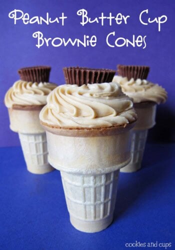 Close-up of three Peanut Butter Cup Brownie Cones