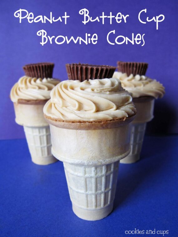 Close-up of three Peanut Butter Cup Brownie Cones