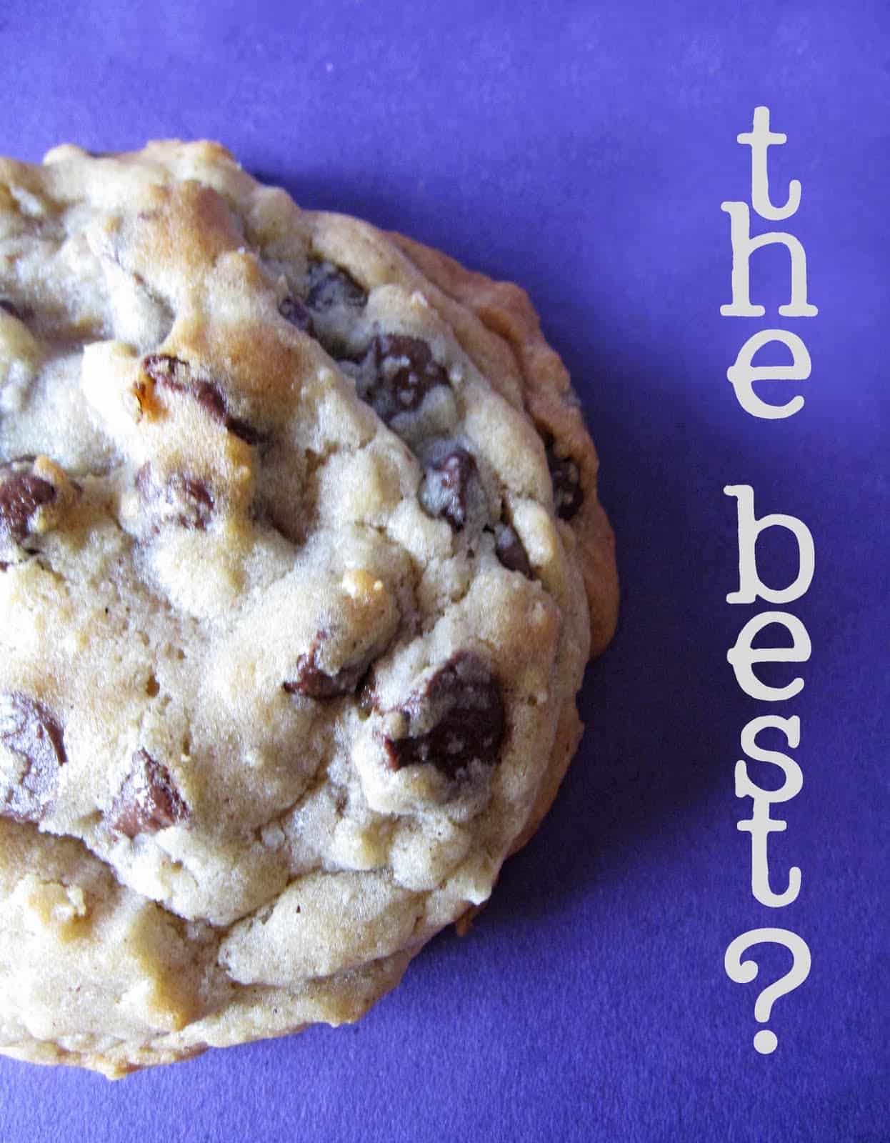Overhead view of "the best?" chocolate chip cookie