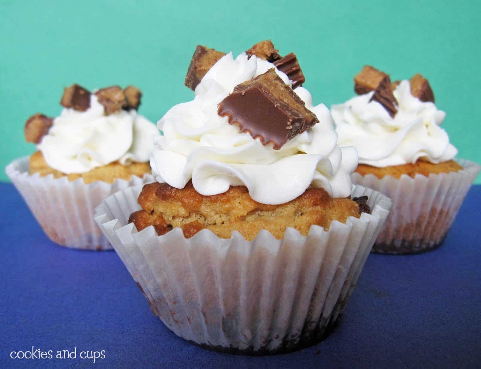 Close-up of peanut butter cookie cups with white chocolate buttercream