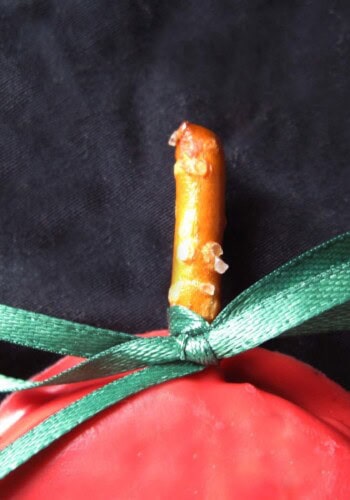 Close-up of an Apple Oreo Pop pretzel stem with green ribbon