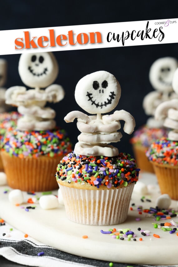 Halloween Skeleton Cupcakes Pinterest Image with writing