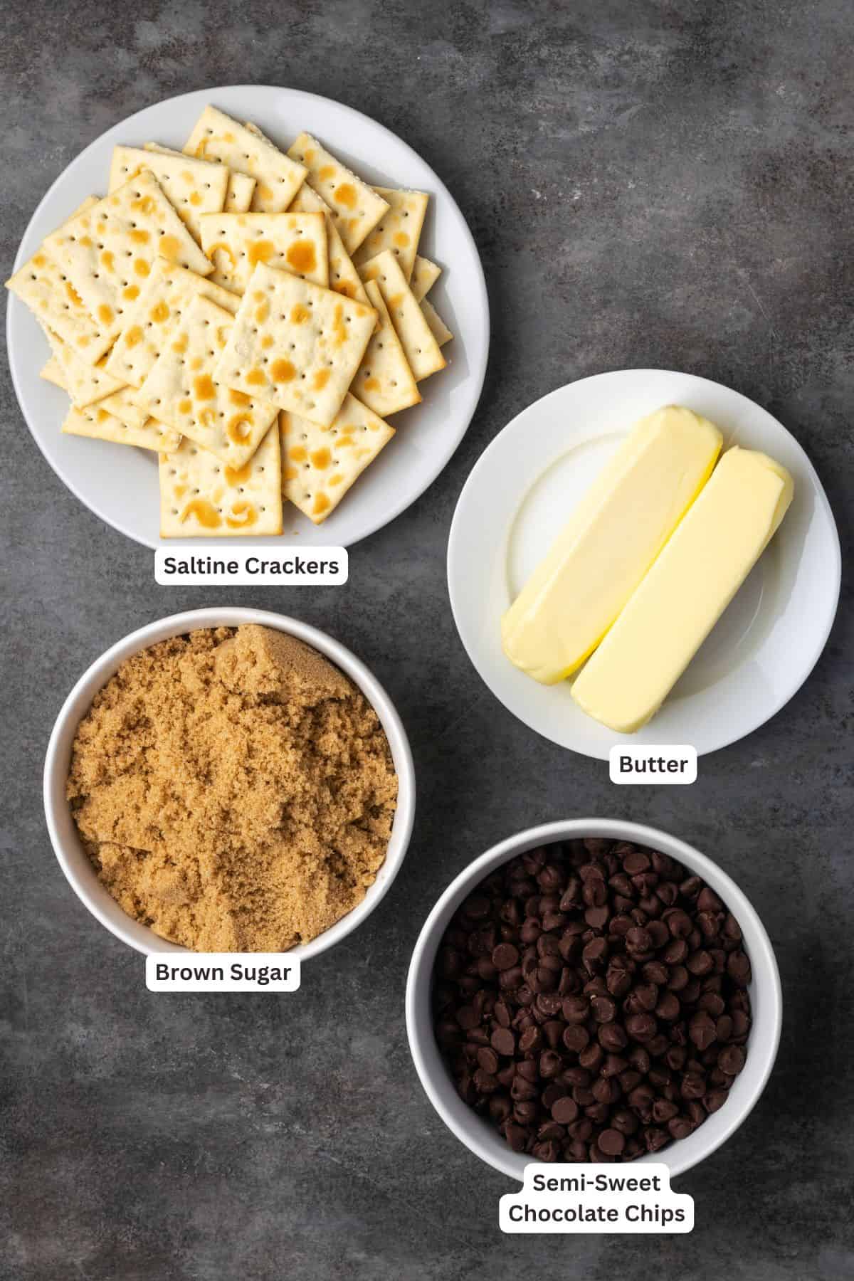 Saltine toffee ingredients with text labels overlaying each ingredient.