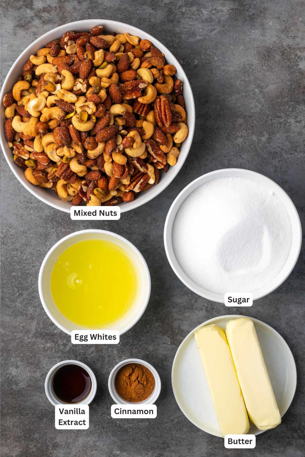 Mashuga nuts ingredients with text labels overlaying each ingredient.