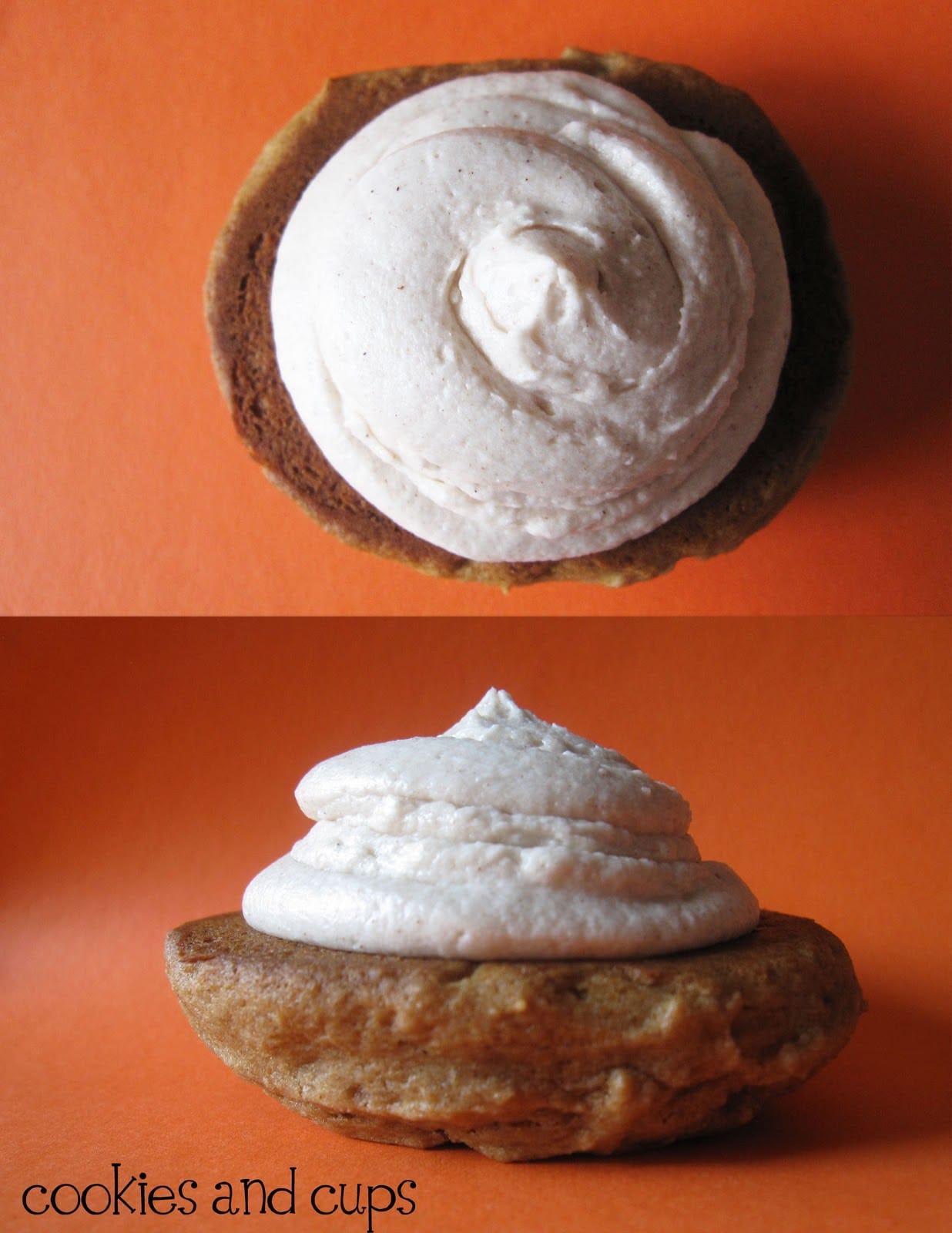 Two halves of apple butter whoopie pies with cinnamon buttercream frosting