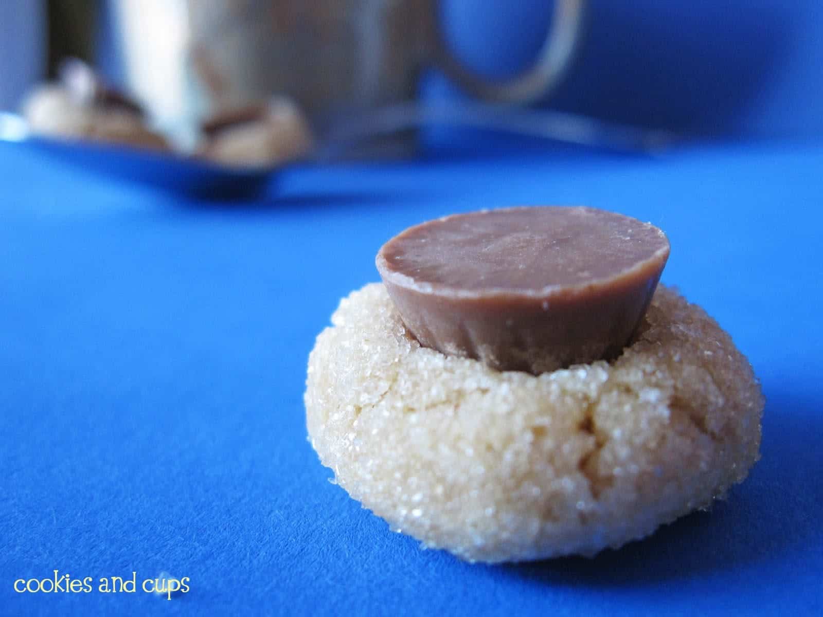 Close-up of a Peanut Butter Blossom cookie with a mini PB cup on top