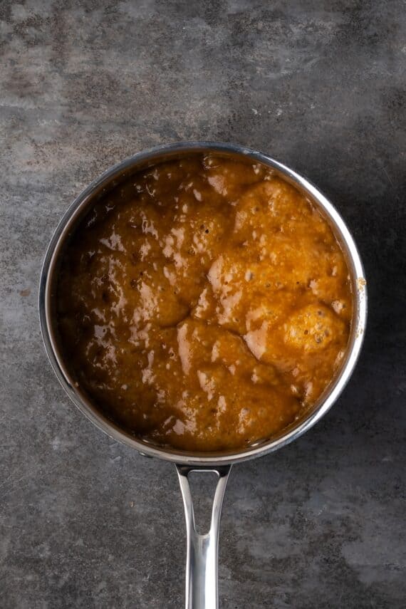 Toffee bubbling in a saucepan.