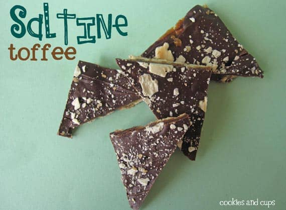 Overhead view of a few pieces of Chocolate-covered Saltine Toffee