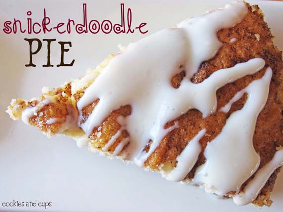 Overhead view of a slice of snickerdoodle pie with drizzled icing