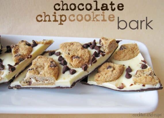 Three Pieces of Chocolate Chip Cookie Bark on a White Dessert Platter