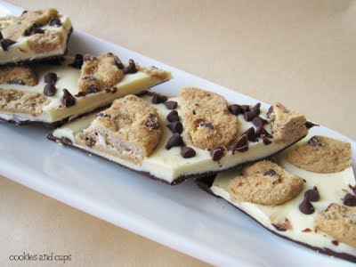 Four Pieces of Chocolate Chip Cookie Bark on a Long, White Dessert Plate