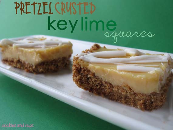 Two Pretzel Crusted Key Lime squares on a white plate