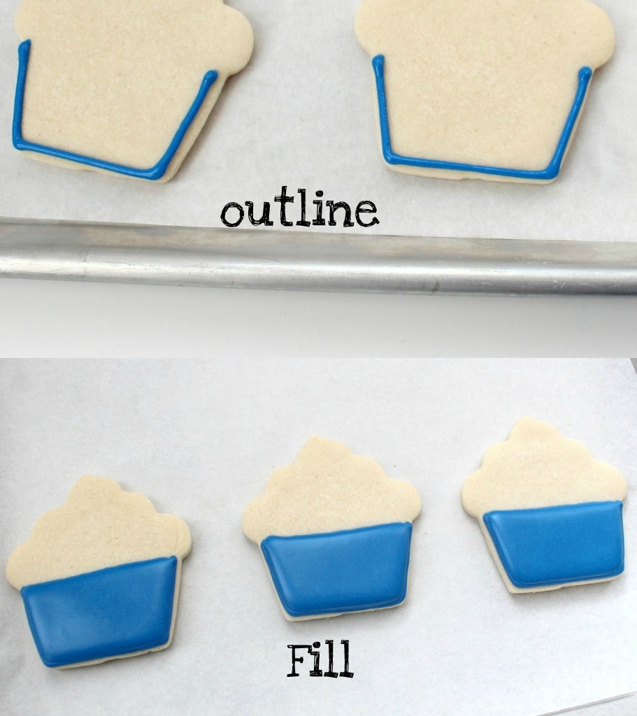 Collage to show steps of outlining and filling cookies with frosting