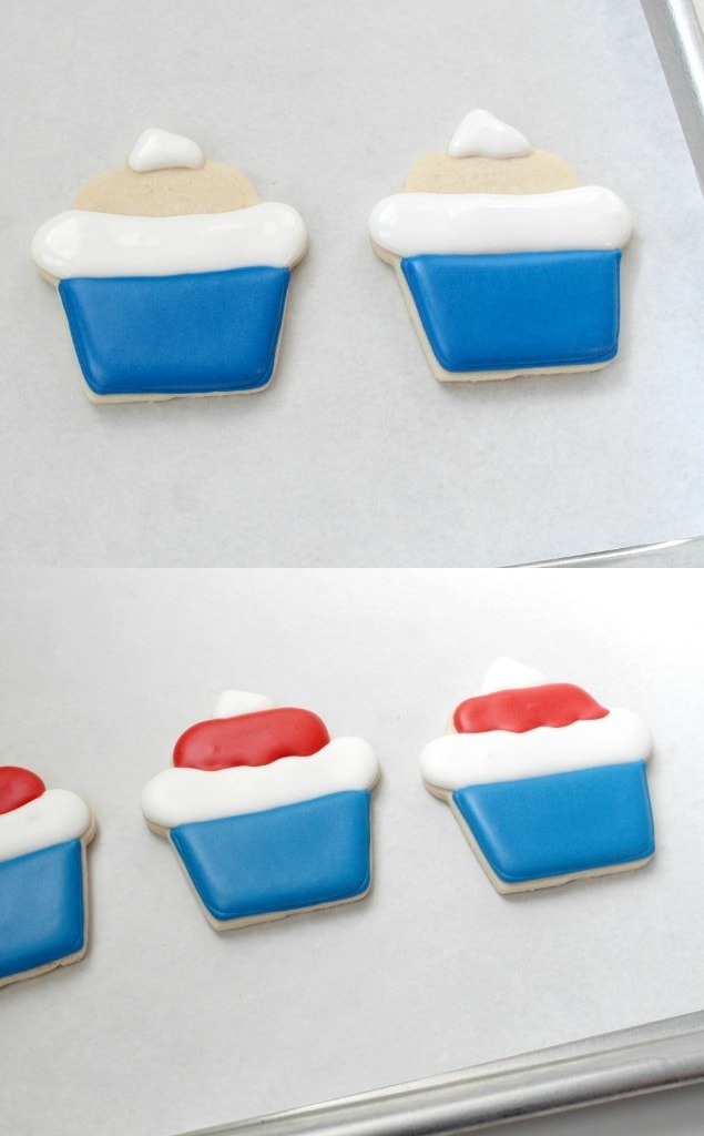 Collage of Stars and Stripes Cupcake Cookies in process of decorating